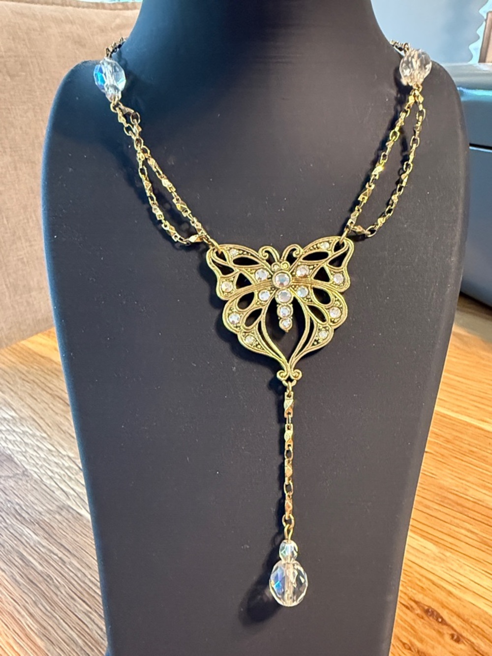 Vintage Avon Gold Butterfly Pendant Y Necklace w/ Crystal Drops & Draped Chain